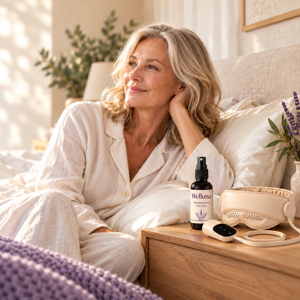 Woman relaxing beside Welluna Dreamweaver Calm Spray with an ivory Welluna label, DeepSleep 360 mask and ivory pillowcase.